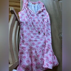 Oliphant pink dress with tassels with brown wood balls- size small!